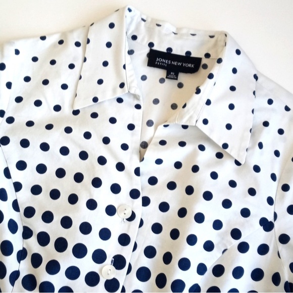 Jones New York White Navy Blue Polka Dot Mid-Century Modern 3/4 Sleeve Top P/S - Picture 4 of 12